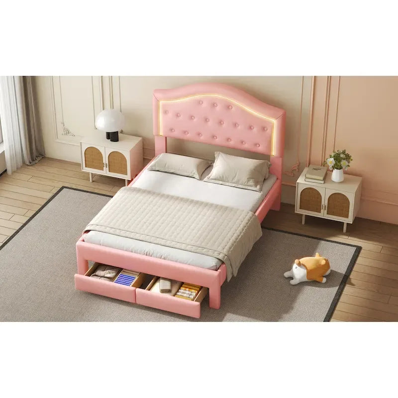 Lit plateforme capitonné avec tête de lit tuftée, LED et deux tiroirs pour chambre à coucher