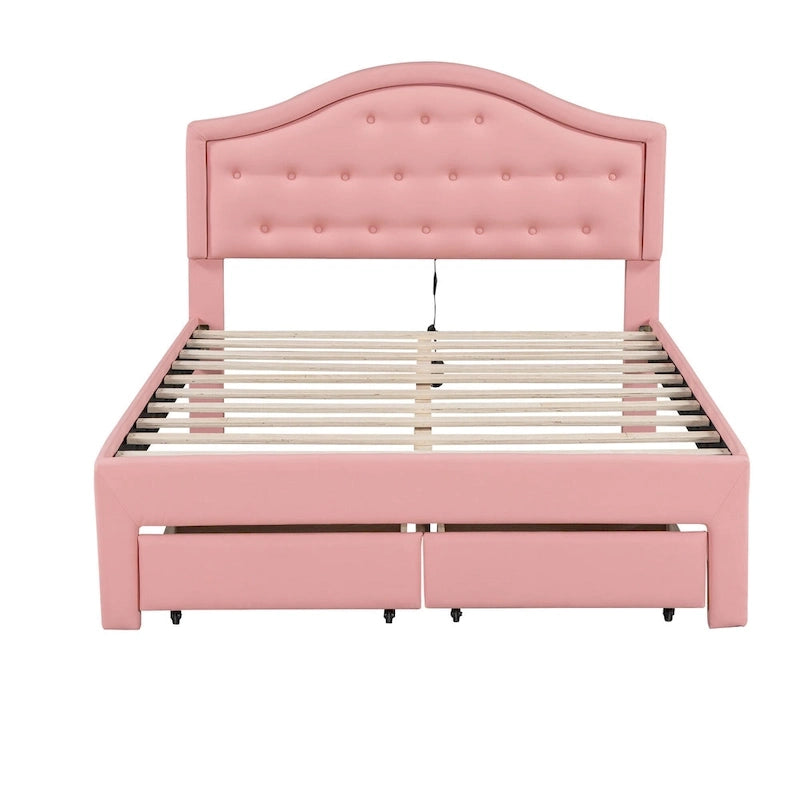 Lit plateforme capitonné avec tête de lit tuftée, LED et deux tiroirs pour chambre à coucher