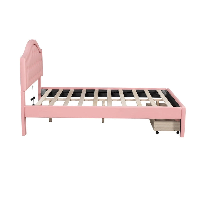Lit plateforme capitonné avec tête de lit tuftée, LED et deux tiroirs pour chambre à coucher