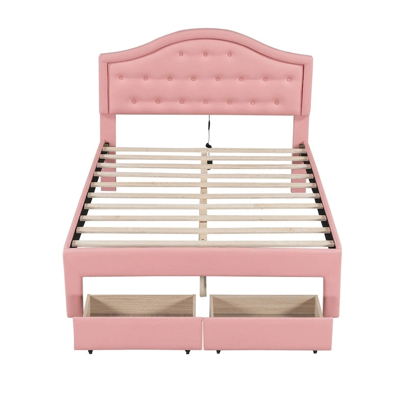 Lit plateforme capitonné avec tête de lit tuftée, LED et deux tiroirs pour chambre à coucher