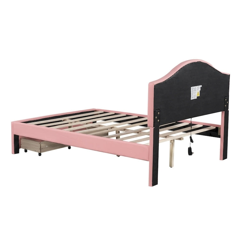 Lit plateforme capitonné avec tête de lit tuftée, LED et deux tiroirs pour chambre à coucher