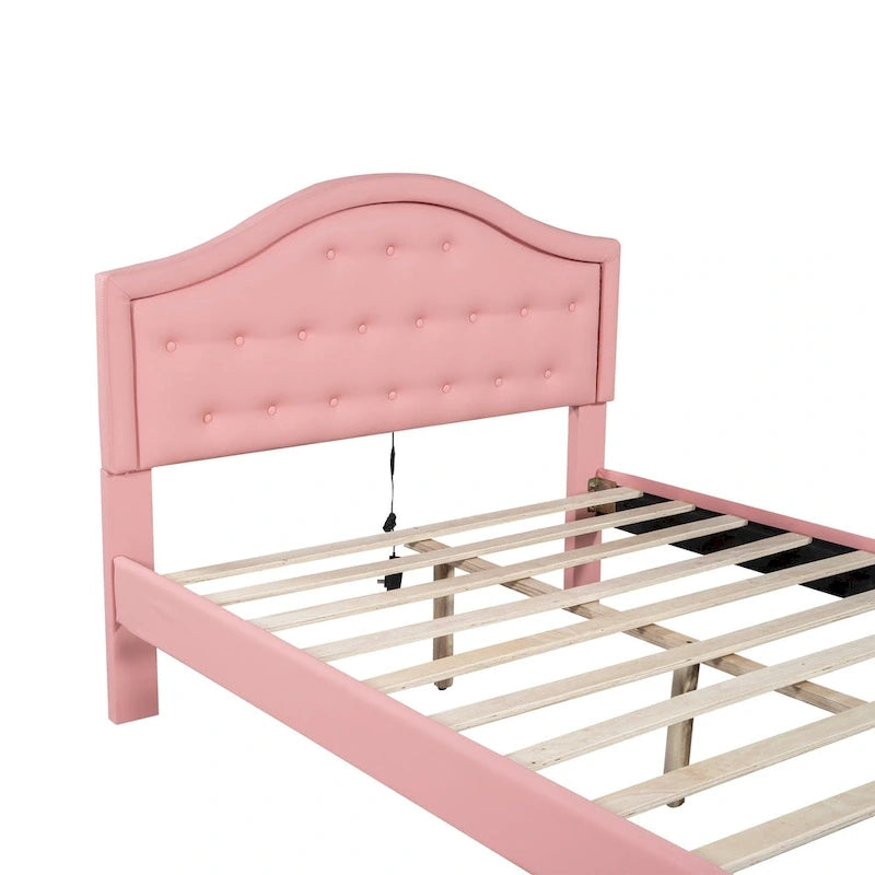 Lit plateforme capitonné avec tête de lit tuftée, LED et deux tiroirs pour chambre à coucher