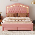 Lit plateforme capitonné avec tête de lit tuftée, LED et deux tiroirs pour chambre à coucher