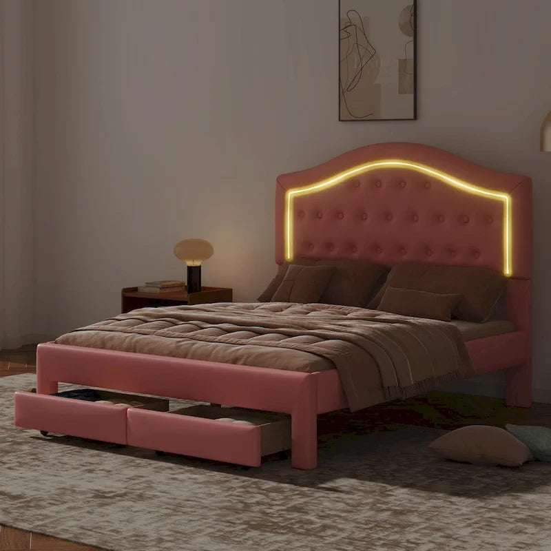 Lit plateforme capitonné avec tête de lit tuftée, LED et deux tiroirs pour chambre à coucher