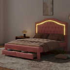 Lit plateforme capitonné avec tête de lit tuftée, LED et deux tiroirs pour chambre à coucher