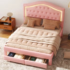 Lit plateforme capitonné avec tête de lit tuftée, LED et deux tiroirs pour chambre à coucher