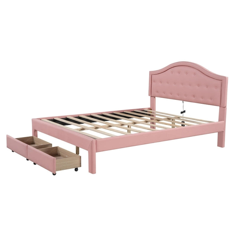 Lit plateforme capitonné avec tête de lit tuftée, LED et deux tiroirs pour chambre à coucher