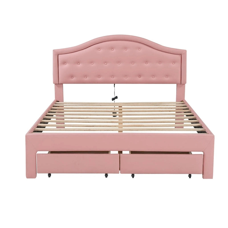 Lit plateforme capitonné avec tête de lit tuftée, LED et deux tiroirs pour chambre à coucher