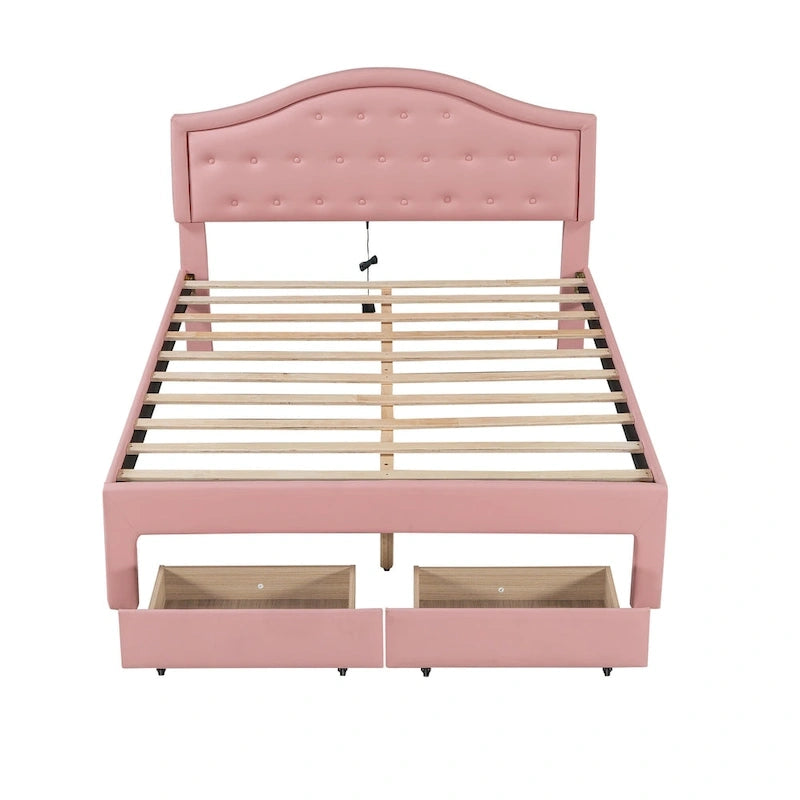 Lit plateforme capitonné avec tête de lit tuftée, LED et deux tiroirs pour chambre à coucher
