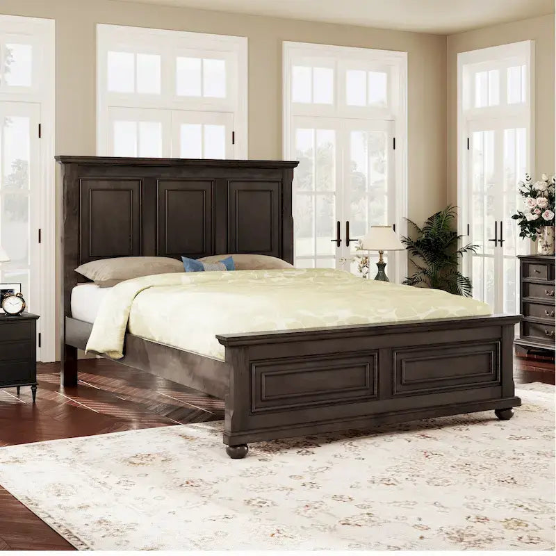 Lit plateforme King Size marron de style traditionnel en pin avec support à lattes en bois pour chambre à coucher