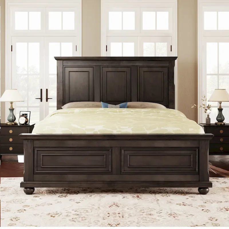 Lit plateforme King Size marron de style traditionnel en pin avec support à lattes en bois pour chambre à coucher