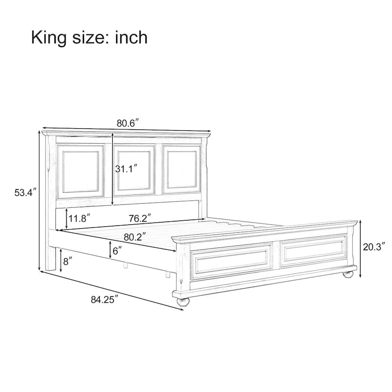 Lit plateforme King Size marron de style traditionnel en pin avec support à lattes en bois pour chambre à coucher