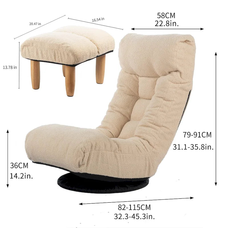 Ensemble de fauteuils de relaxation manuels sans accoudoirs pivotants à 360° en tissu bouclé beige avec pouf, appui-tête et dossier réglables