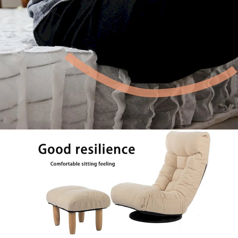 Ensemble de fauteuils de relaxation manuels sans accoudoirs pivotants à 360° en tissu bouclé beige avec pouf, appui-tête et dossier réglables