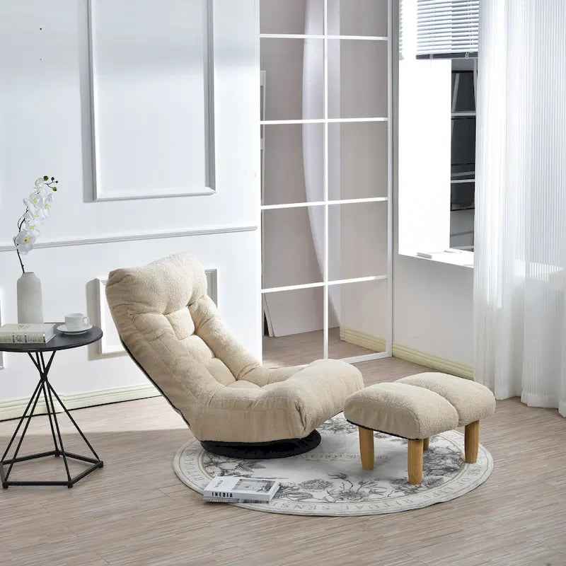 Ensemble de fauteuils de relaxation manuels sans accoudoirs pivotants à 360° en tissu bouclé beige avec pouf, appui-tête et dossier réglables