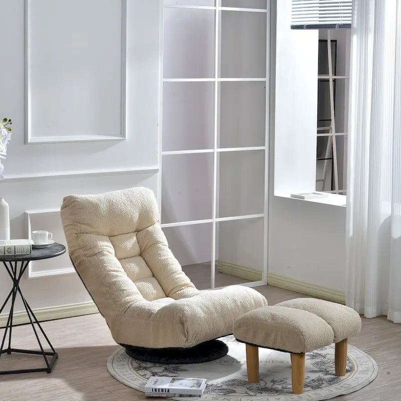 Ensemble de fauteuils de relaxation manuels sans accoudoirs pivotants à 360° en tissu bouclé beige avec pouf, appui-tête et dossier réglables