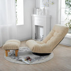 Ensemble de fauteuils de relaxation manuels sans accoudoirs pivotants à 360° en tissu bouclé beige avec pouf, appui-tête et dossier réglables