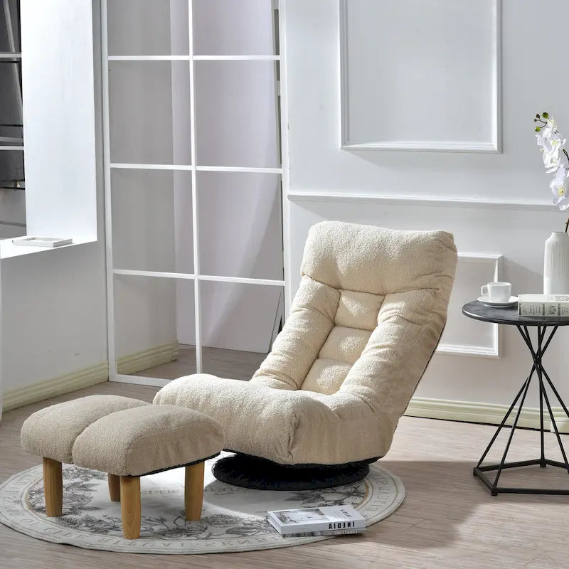 Ensemble de fauteuils de relaxation manuels sans accoudoirs pivotants à 360° en tissu bouclé beige avec pouf, appui-tête et dossier réglables