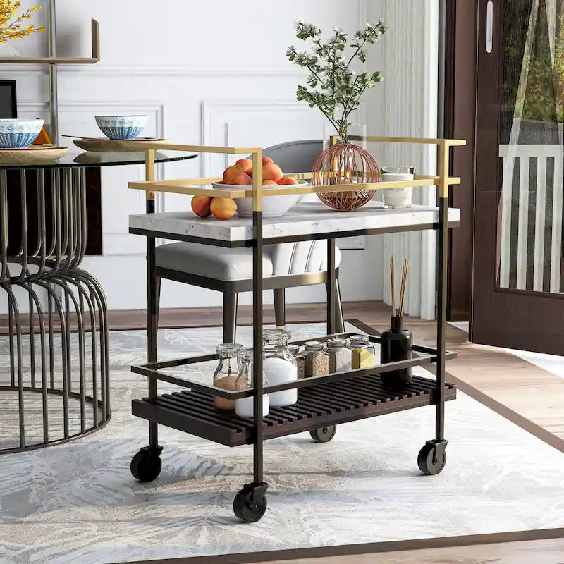 Bouvet Modern White Faux Marble and Slatted 2-Shelf Serving Cart by 