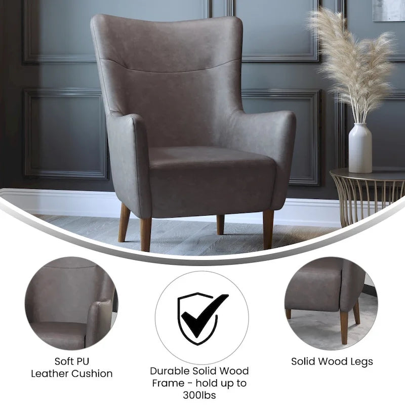 Fauteuil d'appoint capitonné à oreilles avec structure et pieds en bois