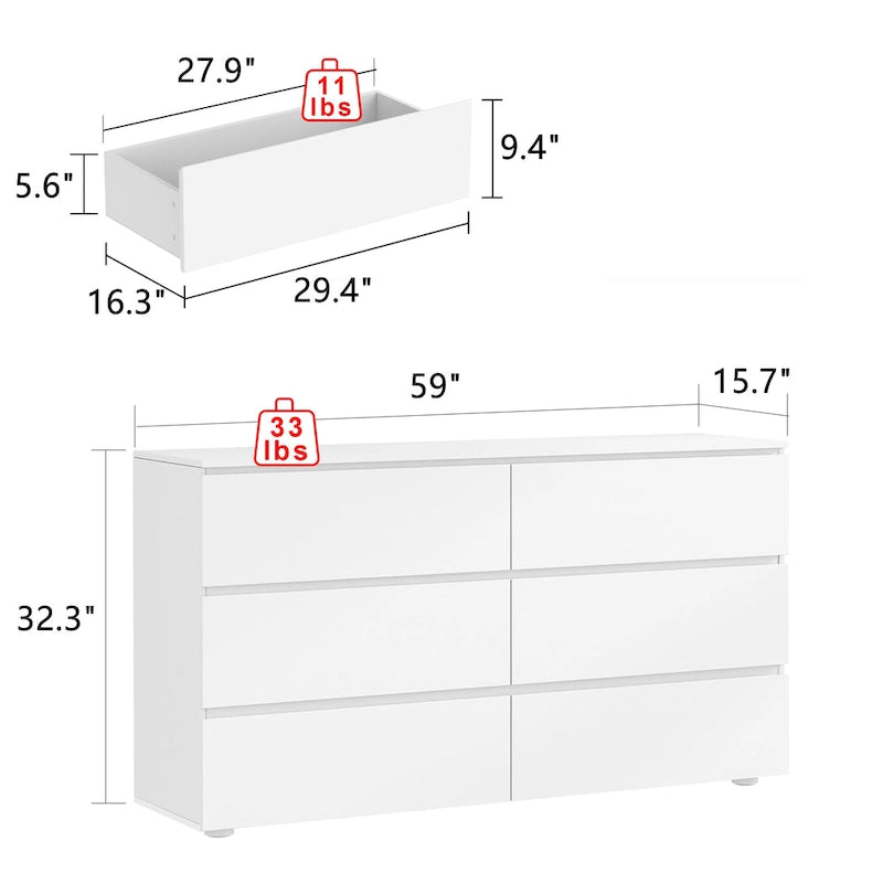 Commode double blanche à 6 tiroirs de qualité supérieure de 150 cm de long