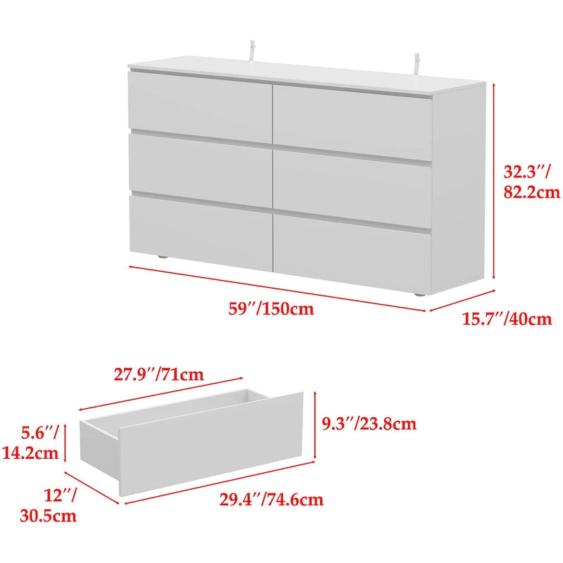 Commode double blanche à 6 tiroirs de qualité supérieure de 150 cm de long