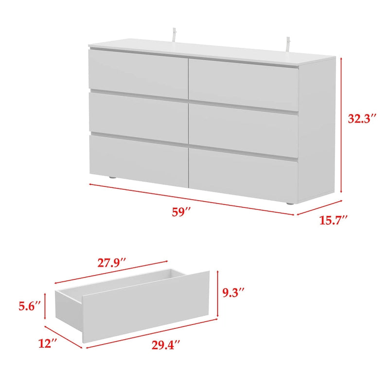 Commode double blanche à 6 tiroirs de qualité supérieure de 150 cm de long