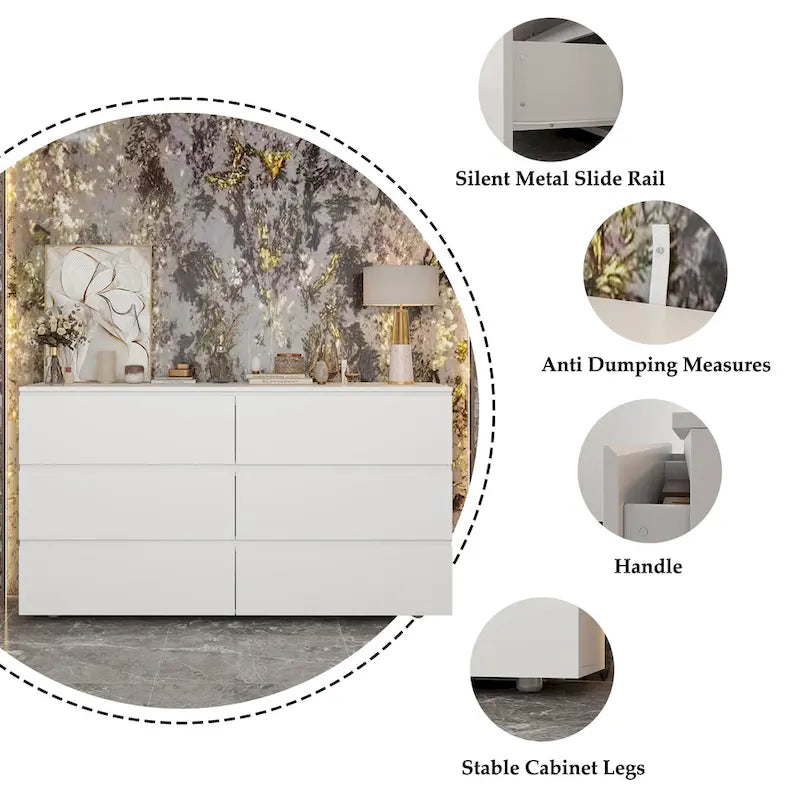 Commode double blanche à 6 tiroirs de qualité supérieure de 150 cm de long