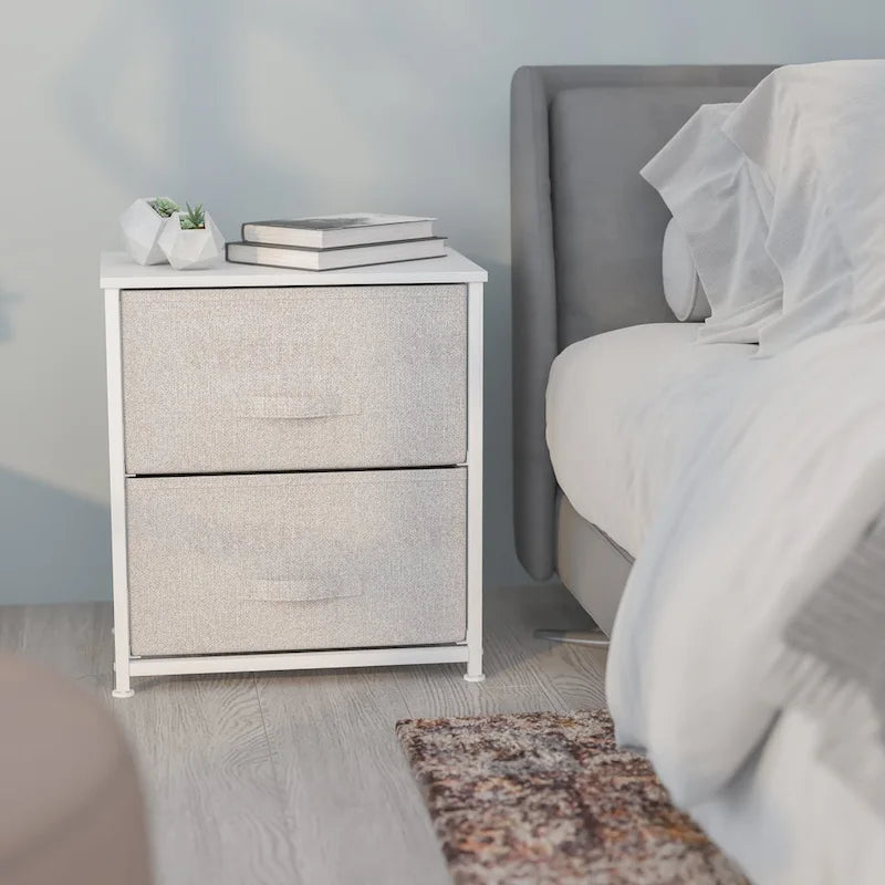 Meuble de rangement à 2 tiroirs avec plateau en bois et tiroirs en tissu foncé