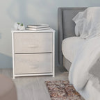 Meuble de rangement à 2 tiroirs avec plateau en bois et tiroirs en tissu foncé