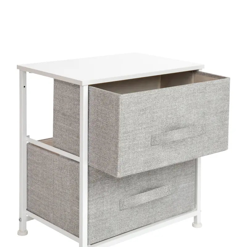Meuble de rangement à 2 tiroirs avec plateau en bois et tiroirs en tissu foncé
