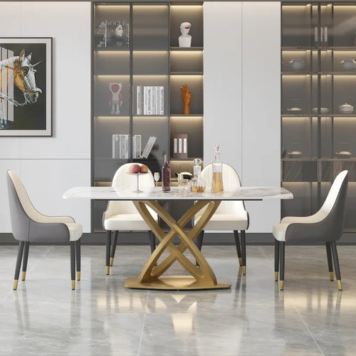 71 Table de salle à manger moderne avec plateau rectangulaire en pierre frittée et base dorée