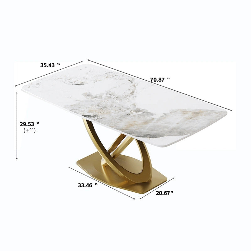 71 Table de salle à manger moderne avec plateau rectangulaire en pierre frittée et base dorée
