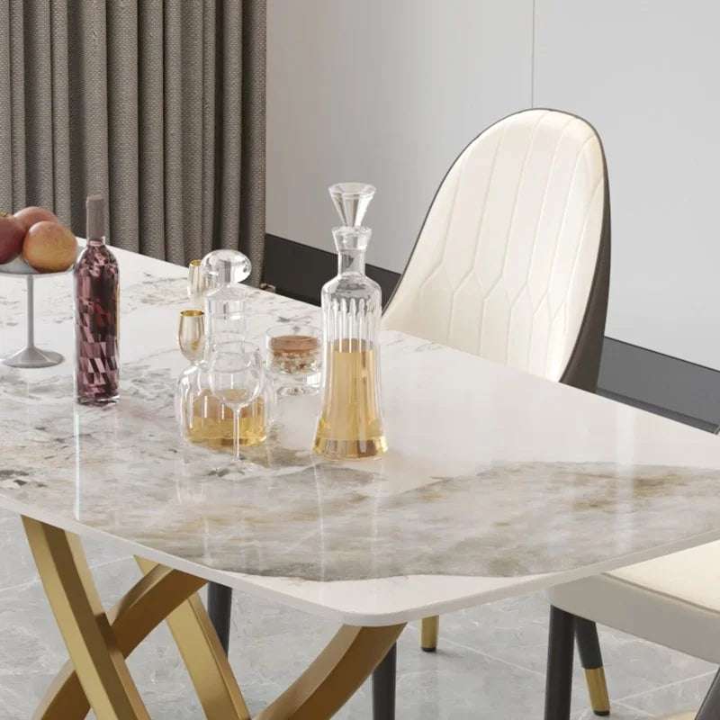 71 Table de salle à manger moderne avec plateau rectangulaire en pierre frittée et base dorée