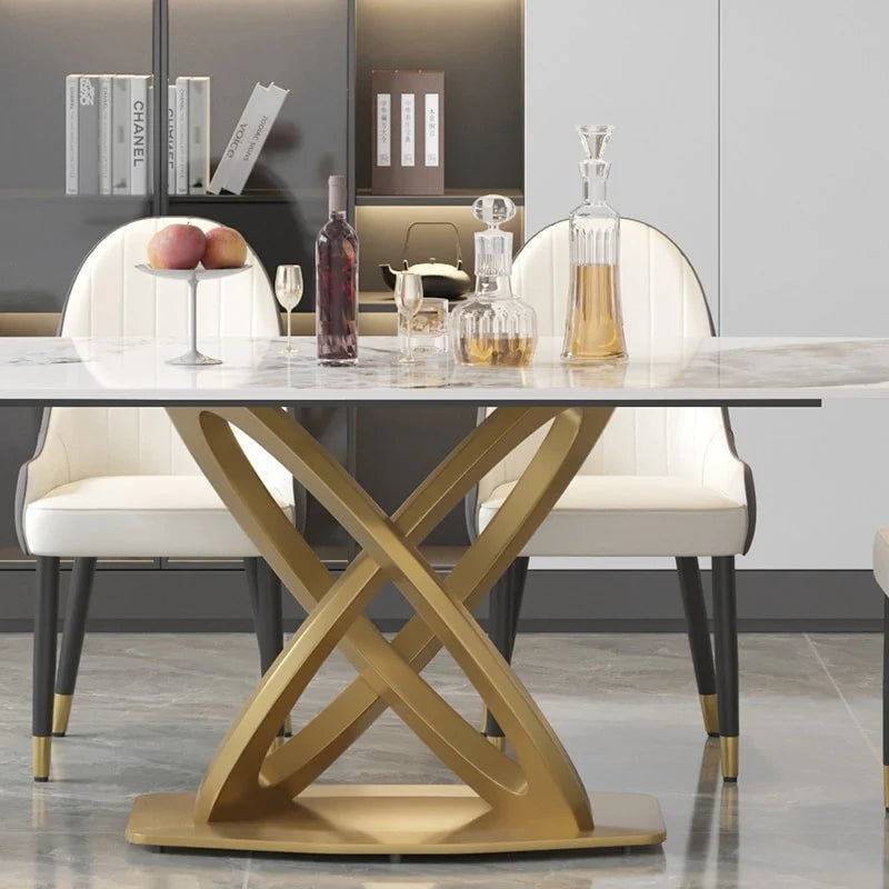 71 Table de salle à manger moderne avec plateau rectangulaire en pierre frittée et base dorée