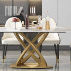 71 Table de salle à manger moderne avec plateau rectangulaire en pierre frittée et base dorée