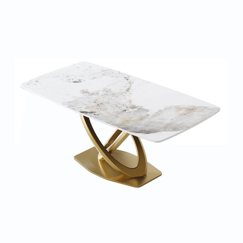 71 Table de salle à manger moderne avec plateau rectangulaire en pierre frittée et base dorée