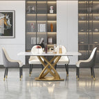 71 Table de salle à manger moderne avec plateau rectangulaire en pierre frittée et base dorée