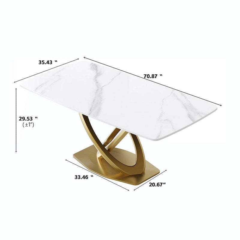 71 Table de salle à manger moderne avec plateau rectangulaire en pierre frittée et base dorée