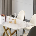 71 Table de salle à manger moderne avec plateau rectangulaire en pierre frittée et base dorée