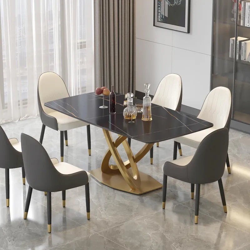 71 Table de salle à manger moderne avec plateau rectangulaire en pierre frittée et base dorée