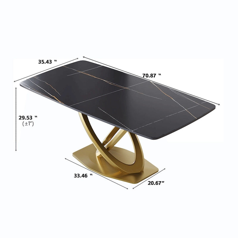 71 Table de salle à manger moderne avec plateau rectangulaire en pierre frittée et base dorée