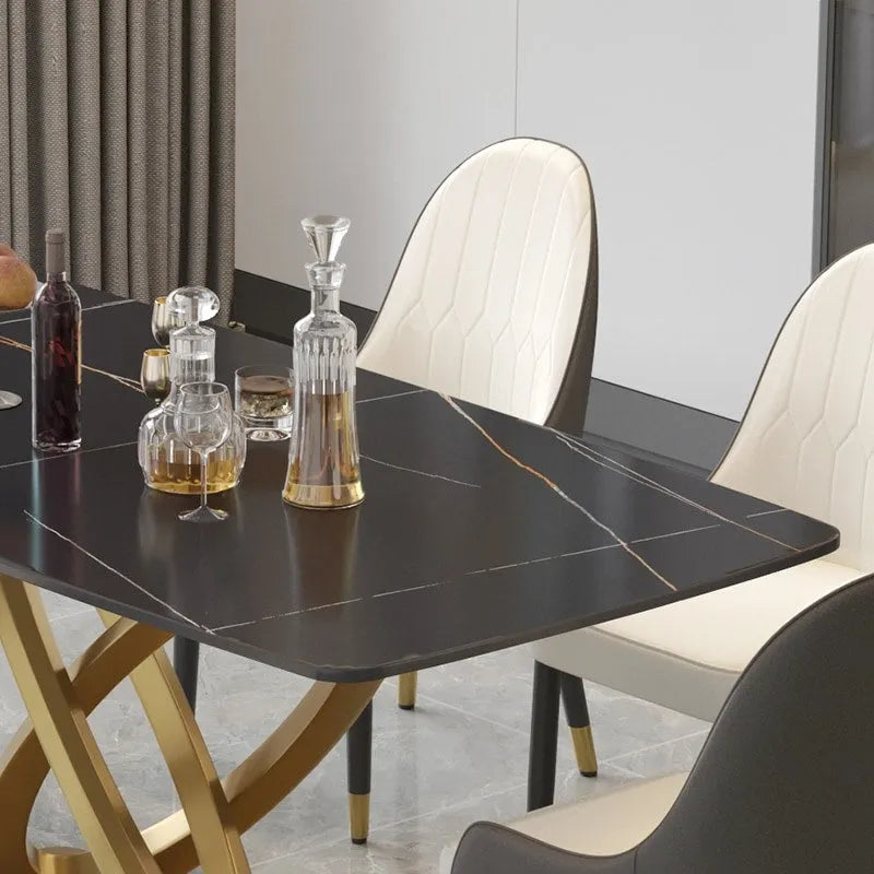 71 Table de salle à manger moderne avec plateau rectangulaire en pierre frittée et base dorée