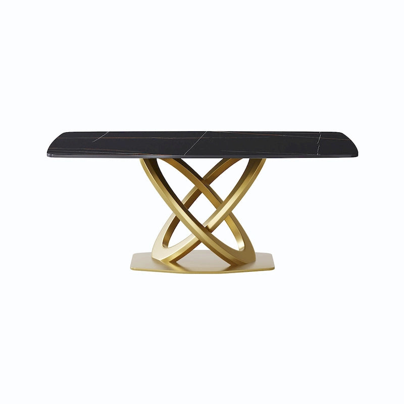 71 Table de salle à manger moderne avec plateau rectangulaire en pierre frittée et base dorée