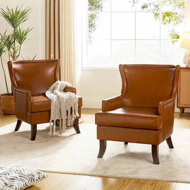 Angeles Mid-century Modern Ergonomic Vegan Leather Armchair with Wingback Set of 2 by 