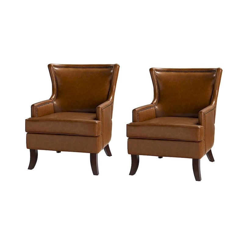 Fauteuil ergonomique moderne du milieu du siècle en cuir végétalien avec dossier ailé, lot de 2