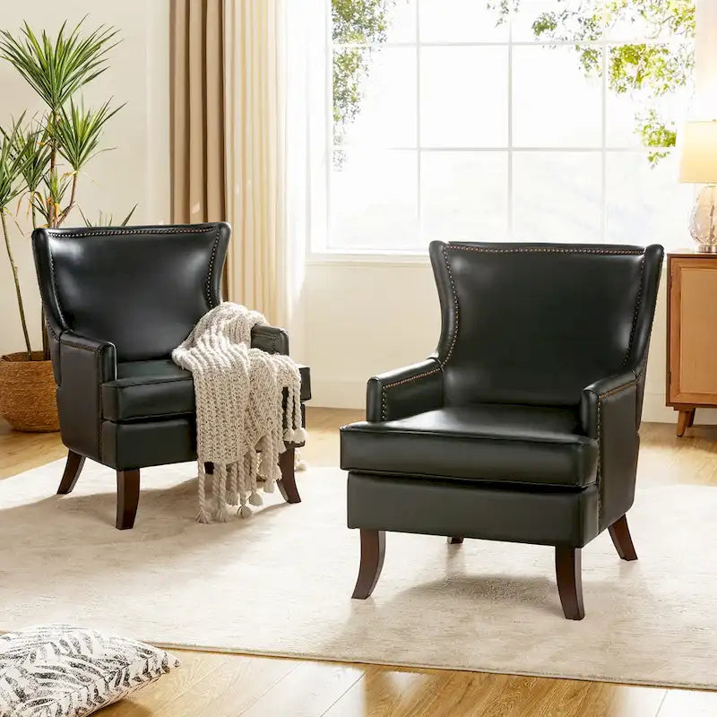 Fauteuil ergonomique moderne du milieu du siècle en cuir végétalien avec dossier ailé, lot de 2