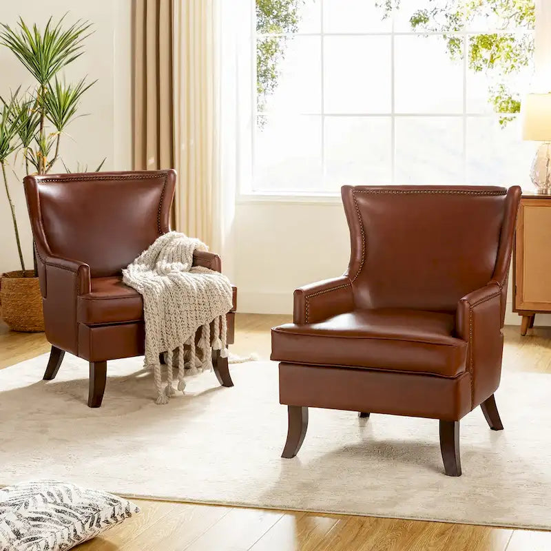 Fauteuil ergonomique moderne du milieu du siècle en cuir végétalien avec dossier ailé, lot de 2