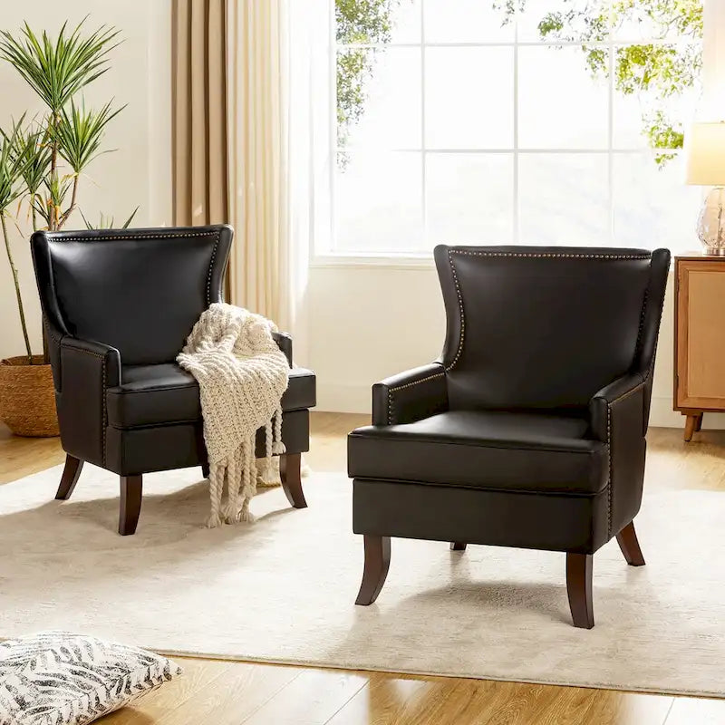 Fauteuil ergonomique moderne du milieu du siècle en cuir végétalien avec dossier ailé, lot de 2