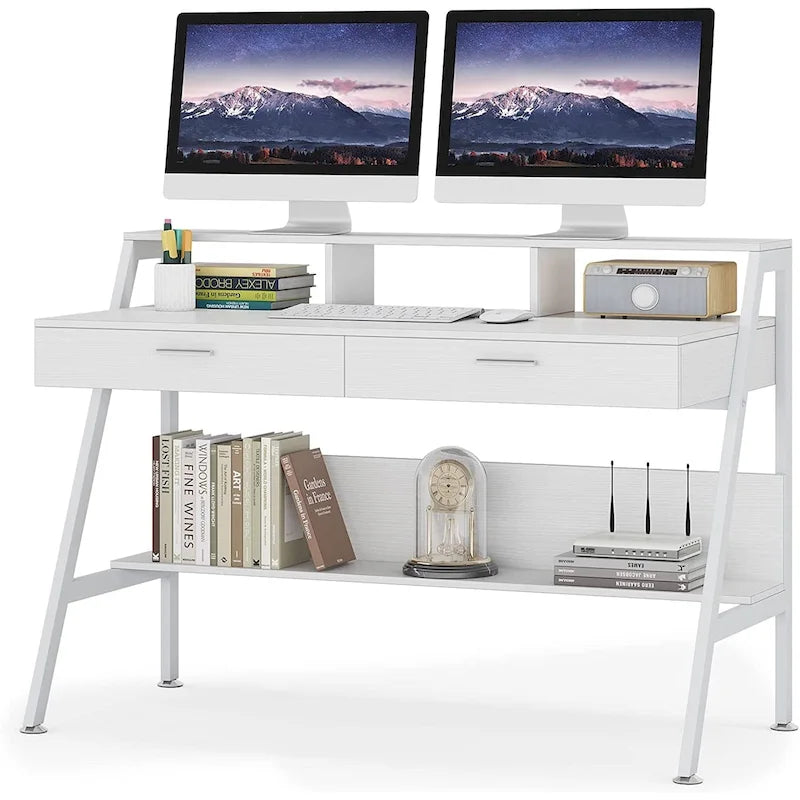 Bureau informatique avec 2 tiroirs et étagère de rangement, support pour écran